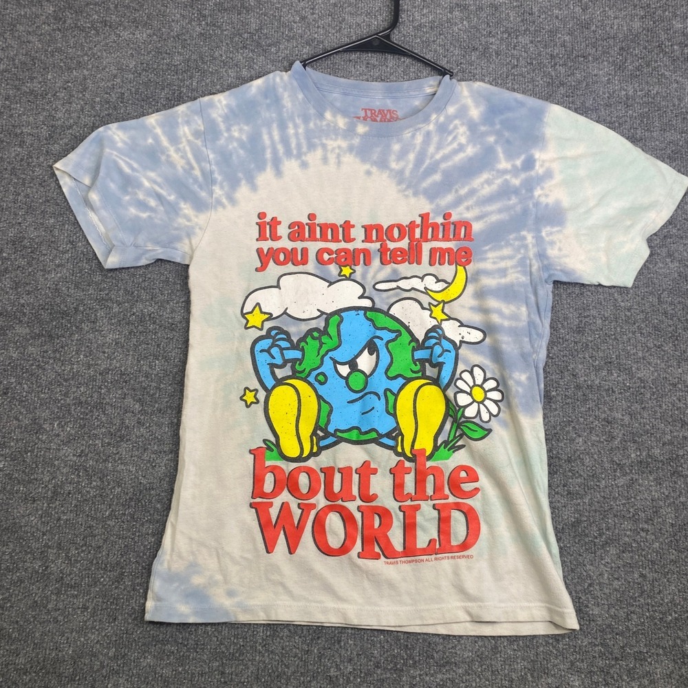 Travis Thompson Bout The World Blue Tie Dye Graphic T-Shirt Mens Small S